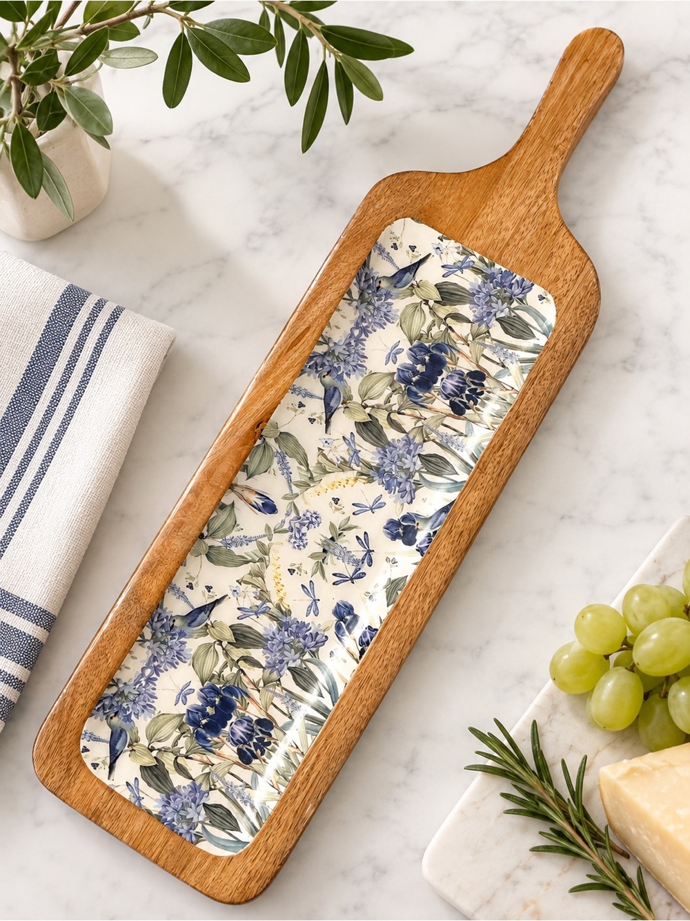 MANGO WOOD Blue Floral Bird Botanical Cheese Board Charcuterie Serving Paddle